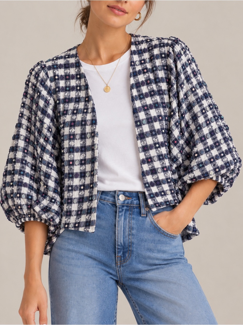 Anthropologie June Gingham Cropped Kimono Puff Sleeve Open Front One Size NWT